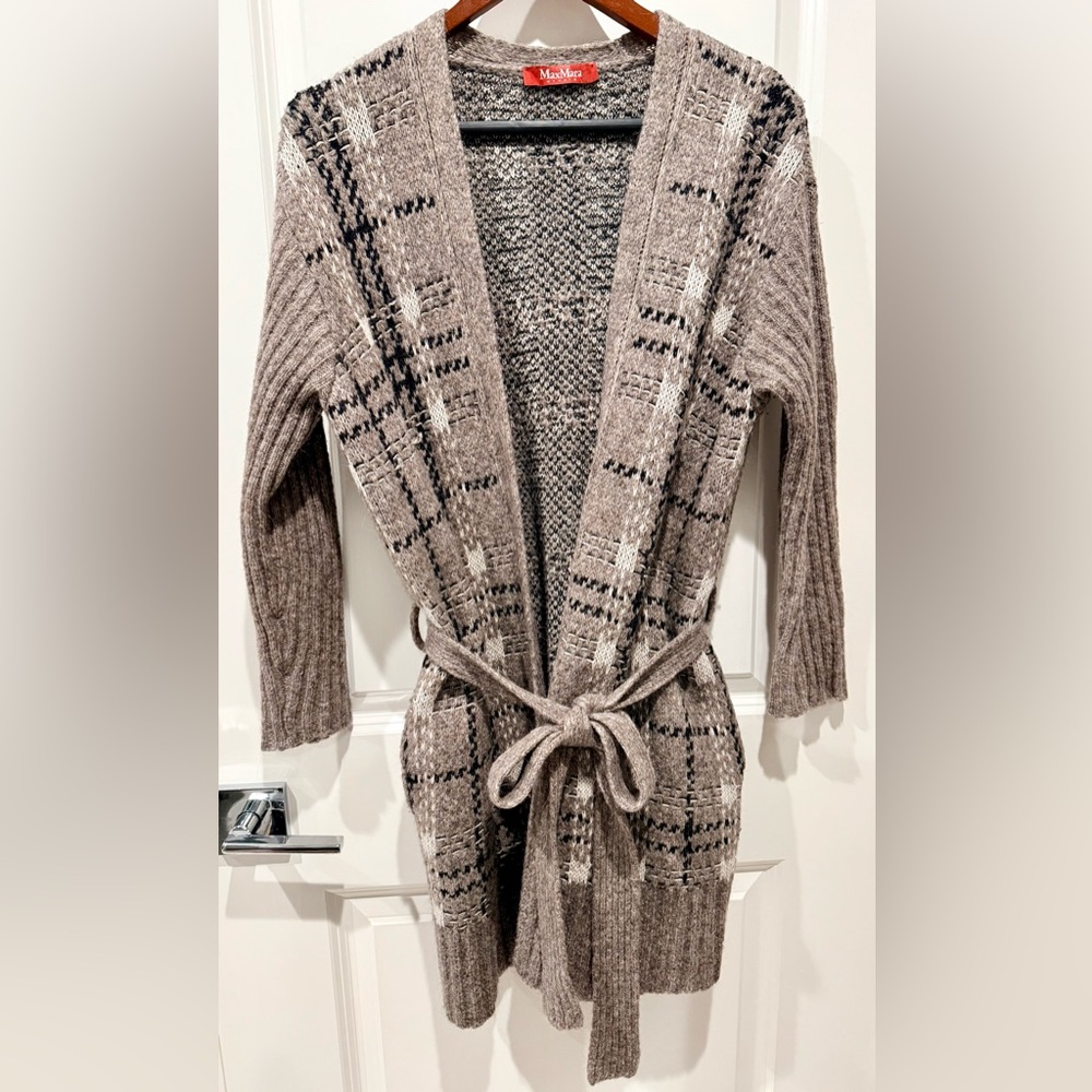 Max Mara Wool Blend Longline belted cardigan sweater w side Pockets In Small